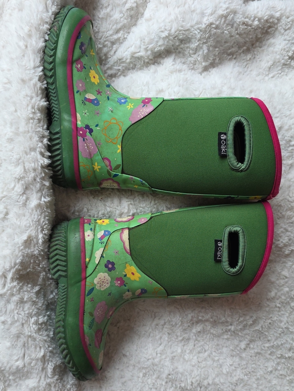 OAKI Kids Green Floral Waterproof Winter/Rain Boots with Pink Trim
